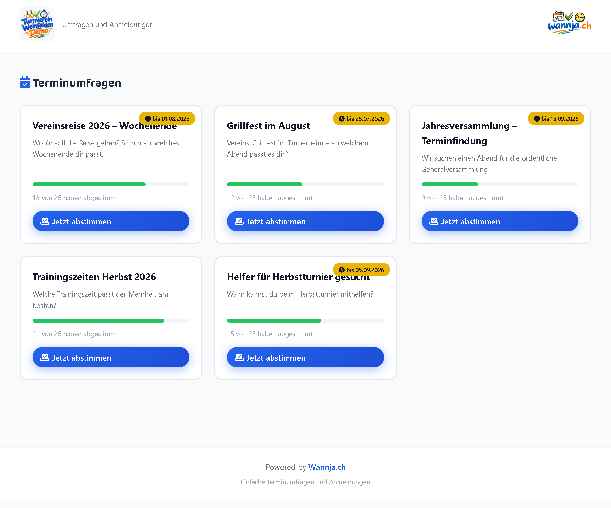 Öffentliches Vereins-Portal mit Logo und allen aktiven Umfragen